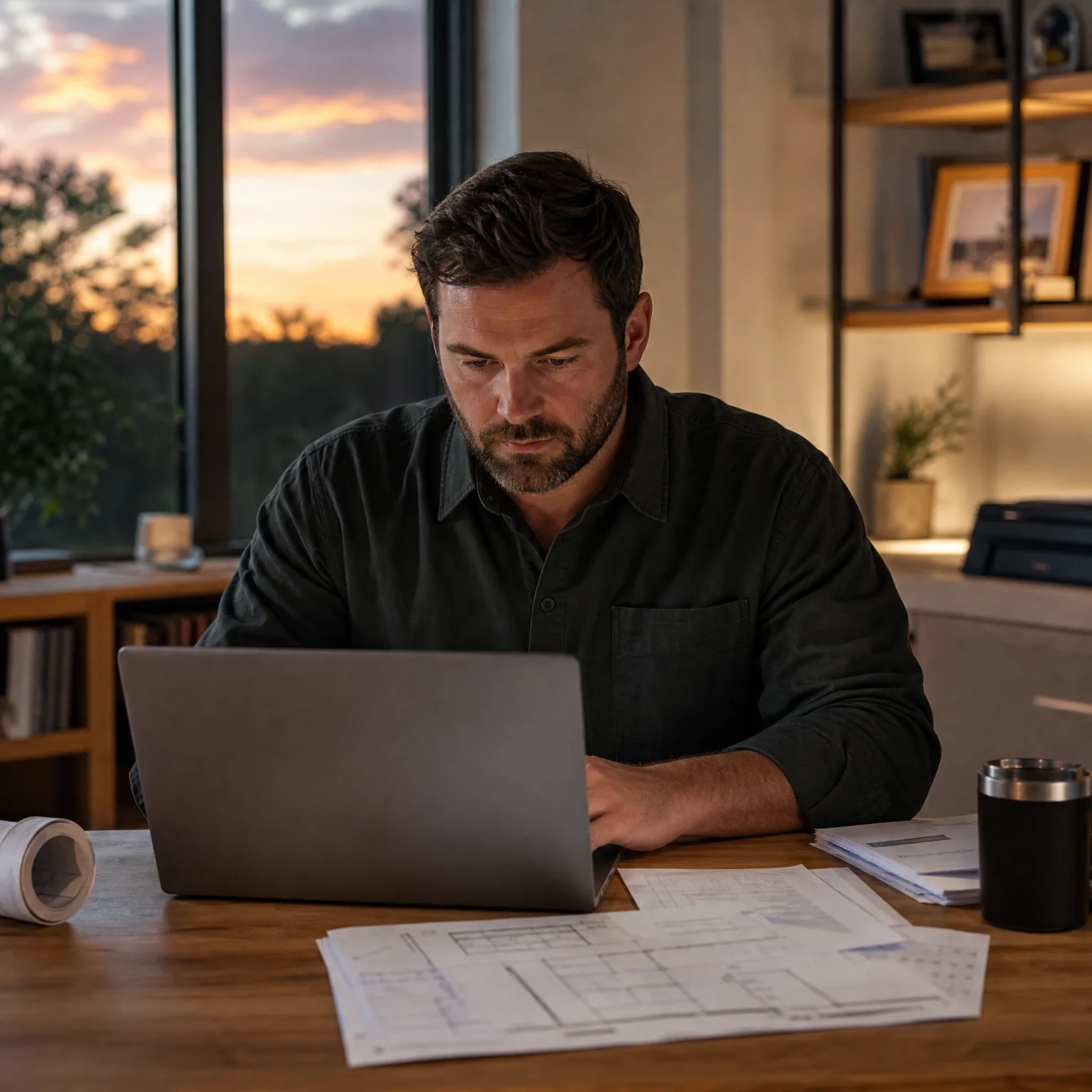 A bearded man in a dark shirt works at a laptop on a wooden desk with printed documents and a travel mug, beside a large window showing a sunset sky.