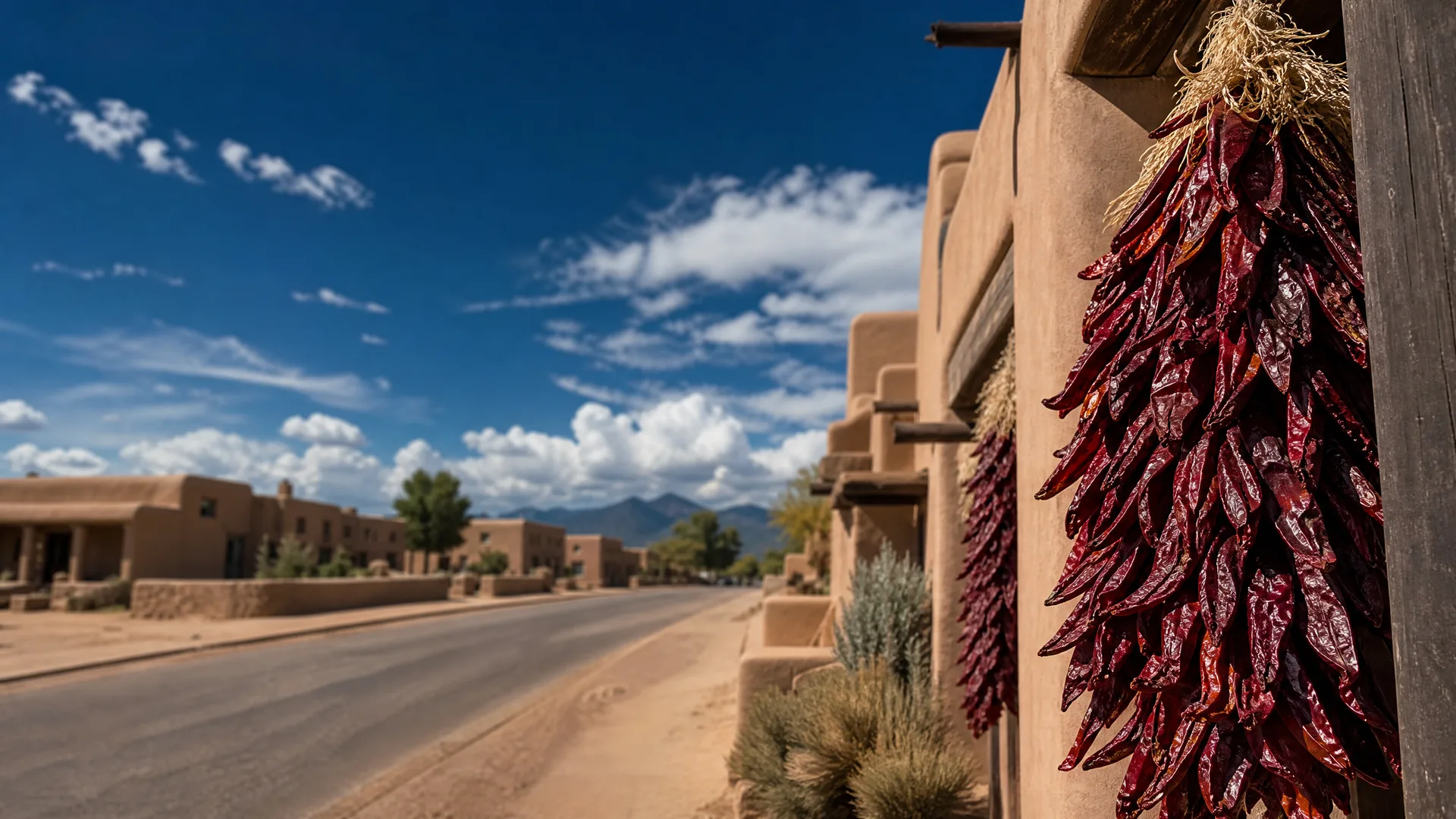 Bundles of dried red chili peppers hang from a wooden beam on an adobe building, with a paved street, low adobe structures, desert shrubs and distant mountains under a blue sky with scattered clouds in the background.